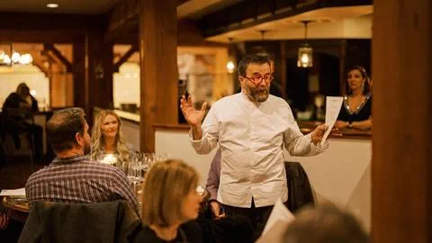 Chef Giancarlo Morelli talking to guests at Taste of Luxury event at Deer Valley.