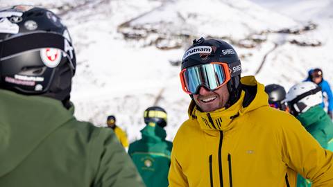 Ted Ligety talking to a guest at Deer Valley.