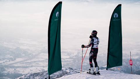 Ted Ligety preparing to go down ski run at Deer Valley Resort.