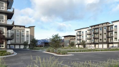 Sequoia Apartments exterior rendering in the summer.