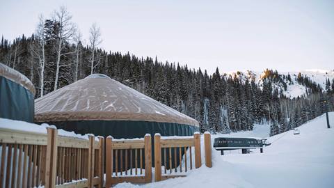 Deer Valley's après-ski yurt, Chute Eleven, in the winter.