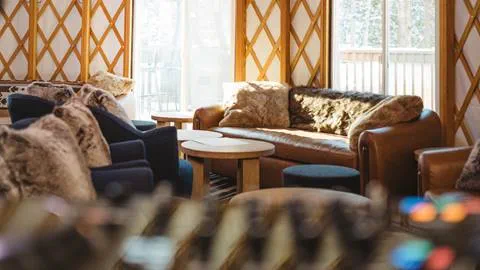 Cozy couches inside Deer Valley's après-ski yurt, Chute Eleven.