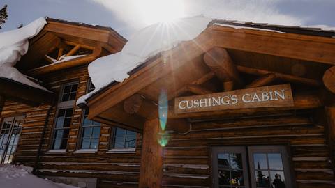 Cushing's Cabin exterior in the winter.