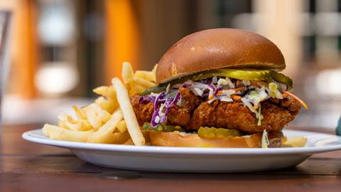 Royal Street Cafe fried chicken sandwich and fries.