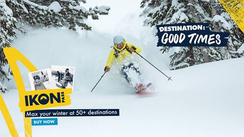 Guest skiing powder. Ikon Pass advertisement.