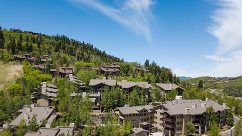 Drone shot of Trail's End Lodge at Deer Valley during the summer.