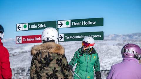 Deer Valley ski instructor with a group of women on the mountain.