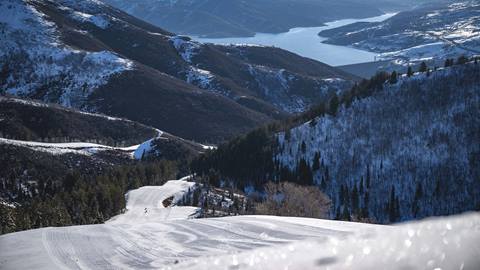 View of Jordanelle Reservoir from ski run at Deer Valley.