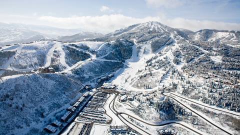 Winter drone shot looking over the parking lots at Deer Valley Resort.