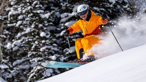 Fuzz Federson skiing powder at Deer Valley.